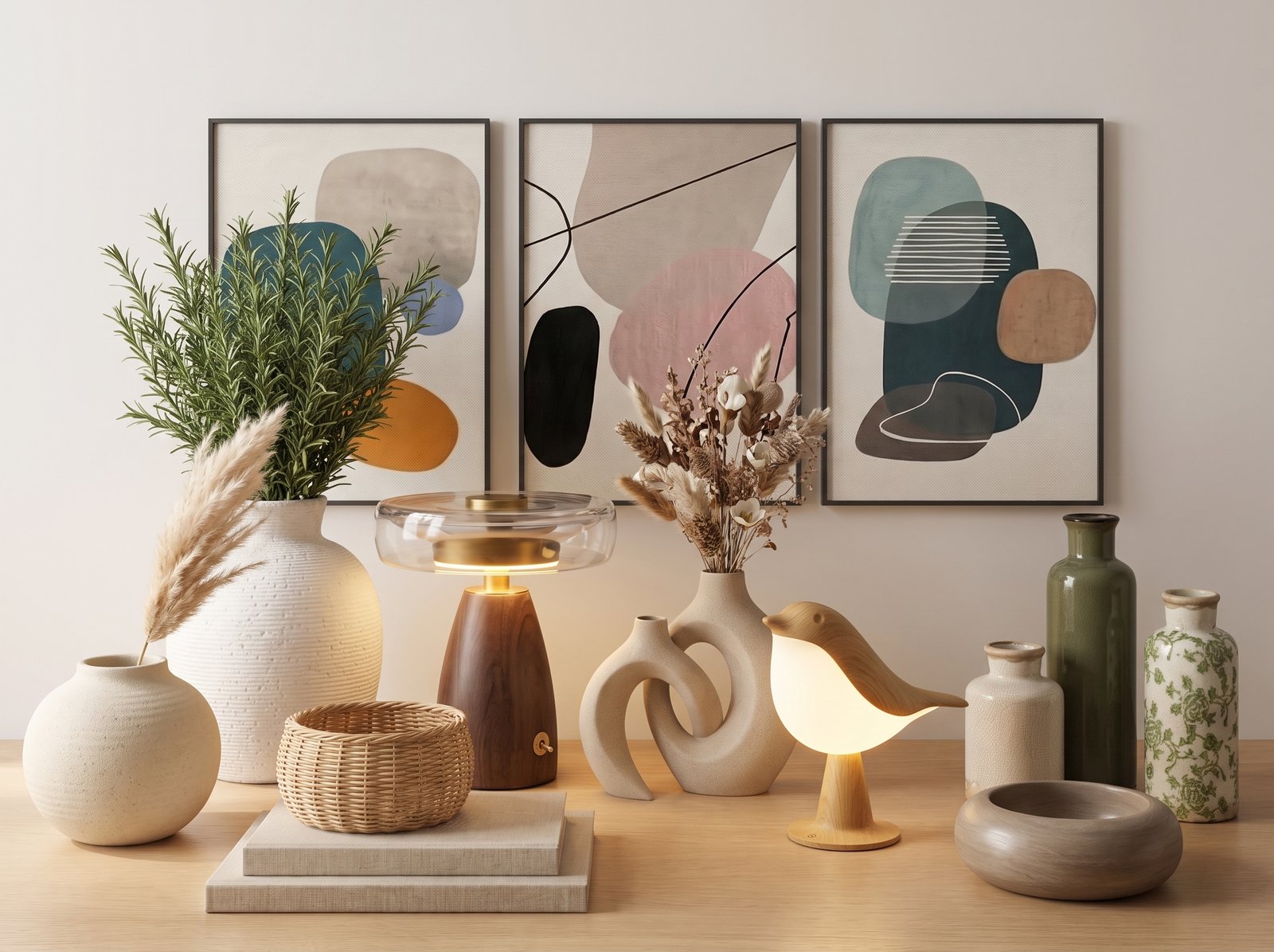 Soft textile and pottery vignette in neutral tones